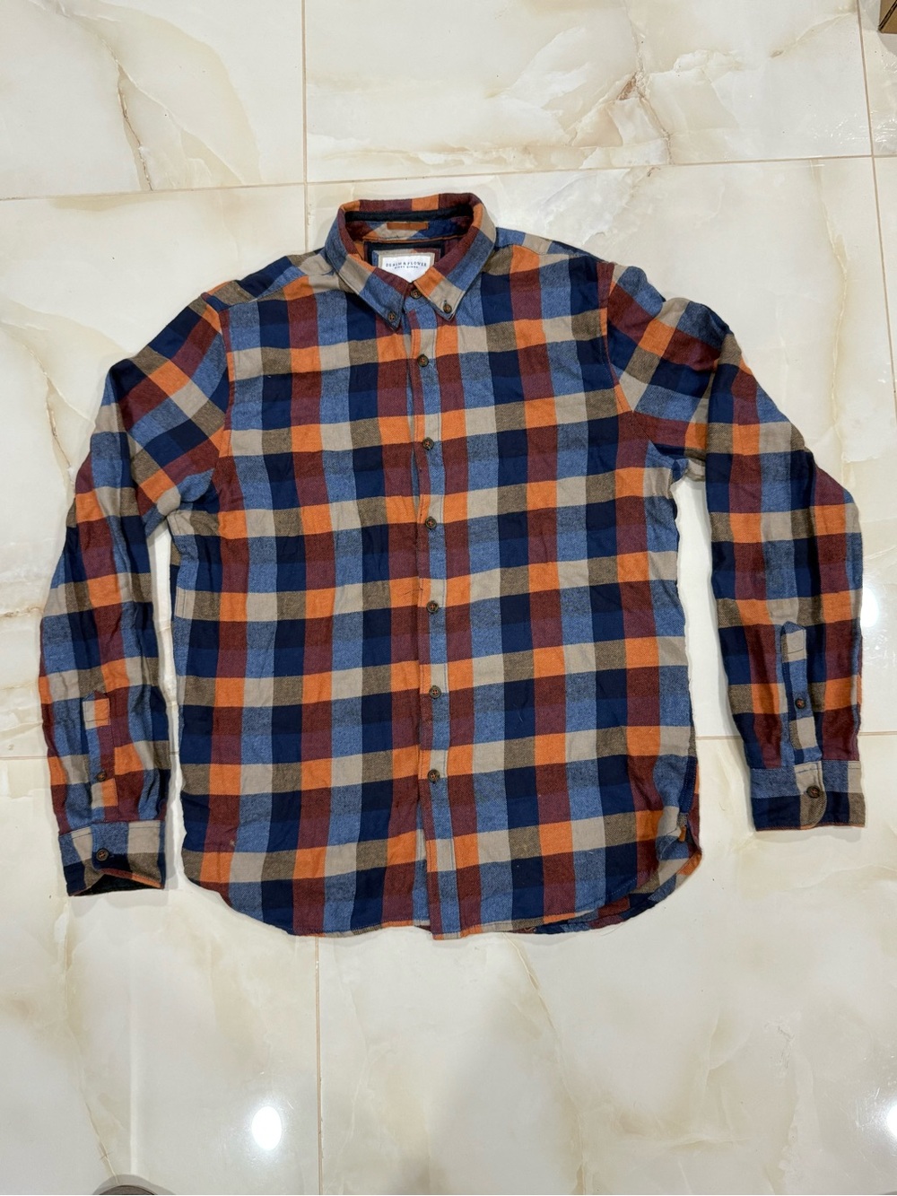 Denim & Flower Men's Plaid Button-Up Shirt in Blue, Orange, Brown